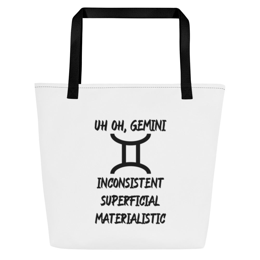“Uh Oh, Gemini” Large Tote Bag