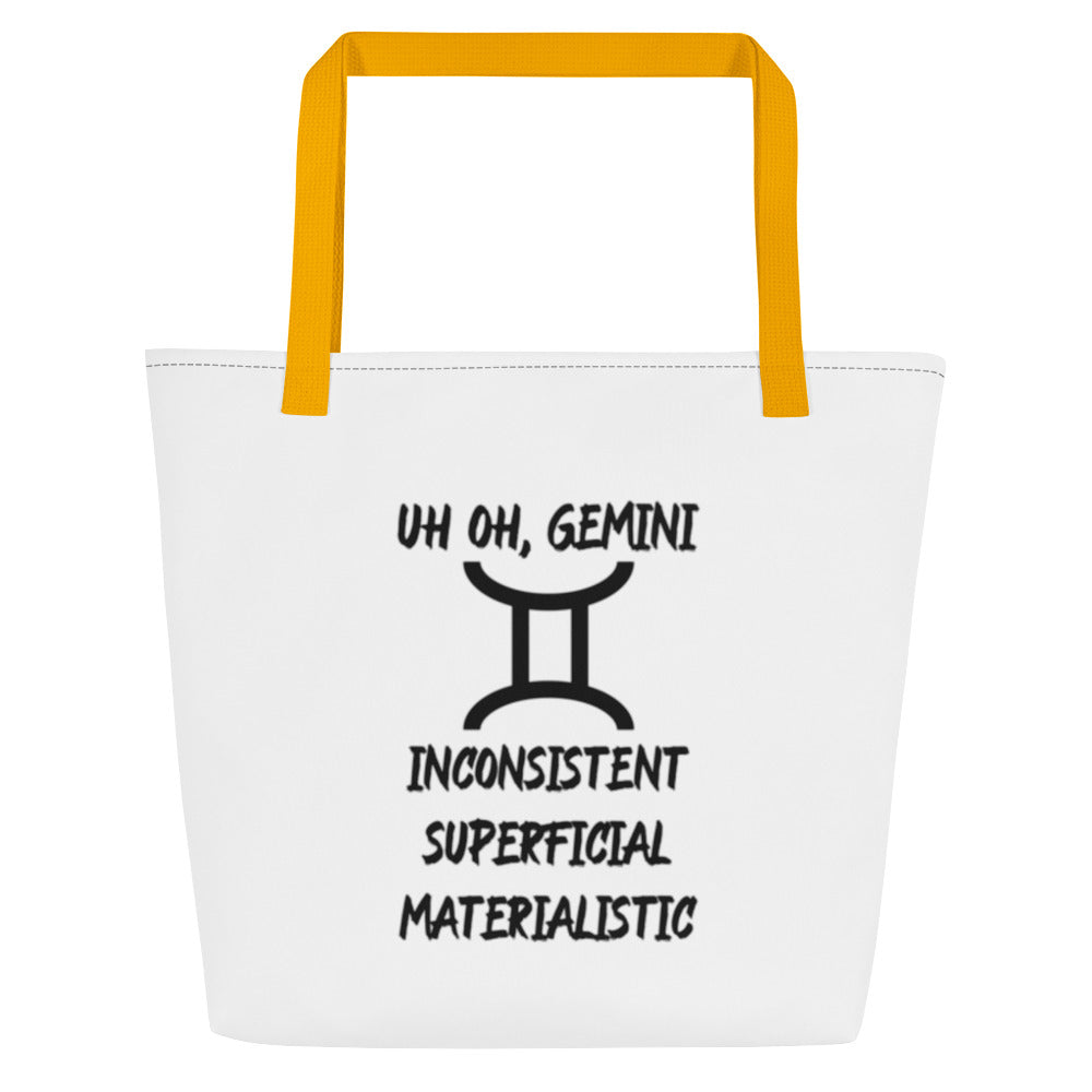 “Uh Oh, Gemini” Large Tote Bag