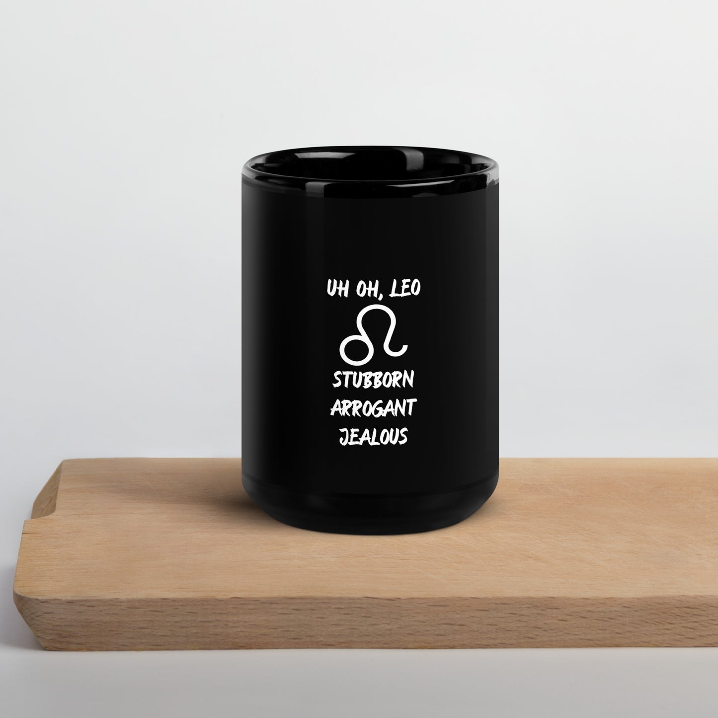 “Uh Oh, Leo” Black Glossy Mug