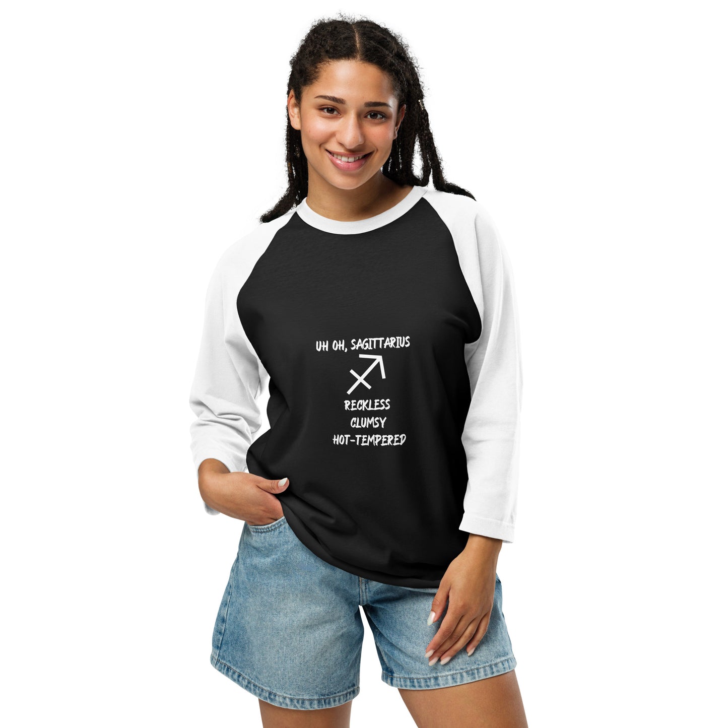 “Uh Oh, Sagittarius” Unisex 3/4 Sleeve Raglan Shirt
