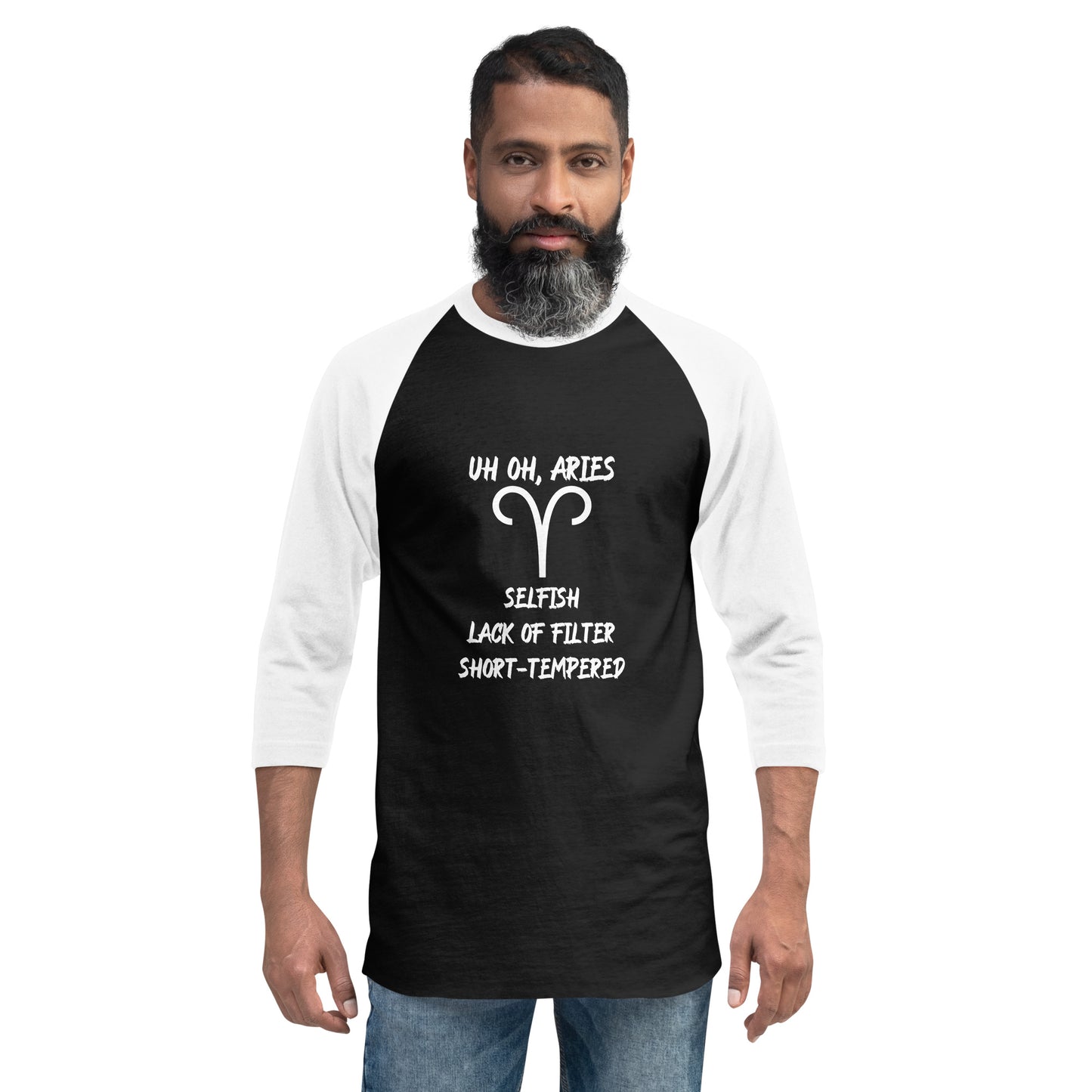 “Uh Oh, Aries” Unisex 3/4 Sleeve Raglan Shirt