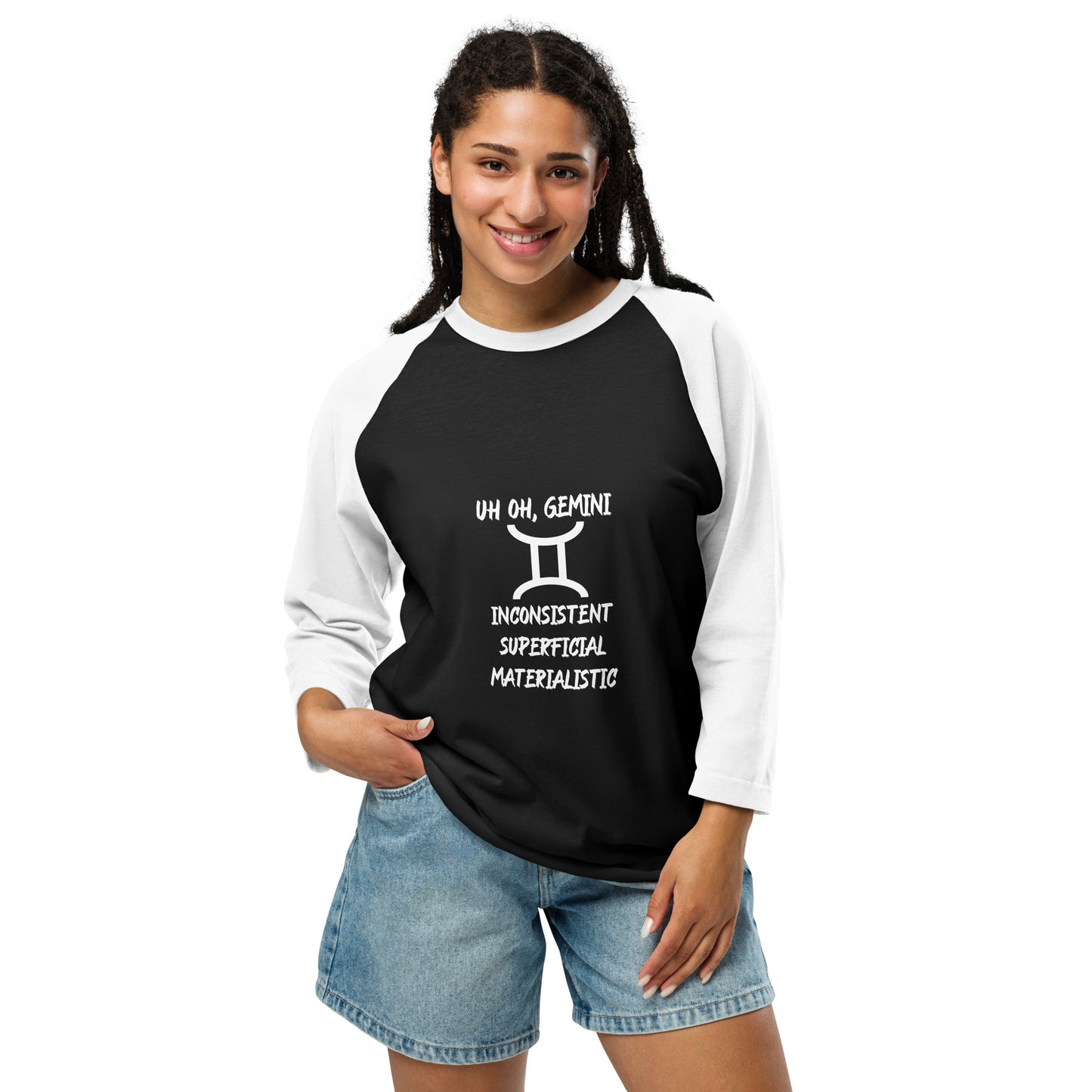 “Uh Oh, Gemini” Unisex 3/4 Sleeve Raglan Shirt