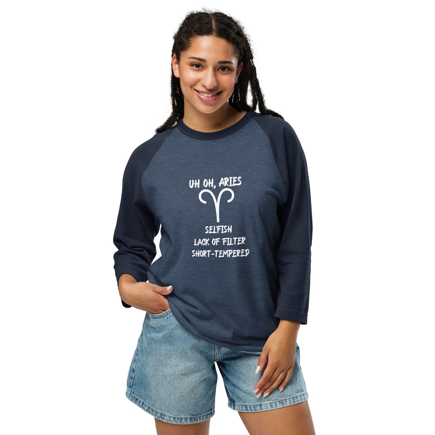 “Uh Oh, Aries” Unisex 3/4 Sleeve Raglan Shirt