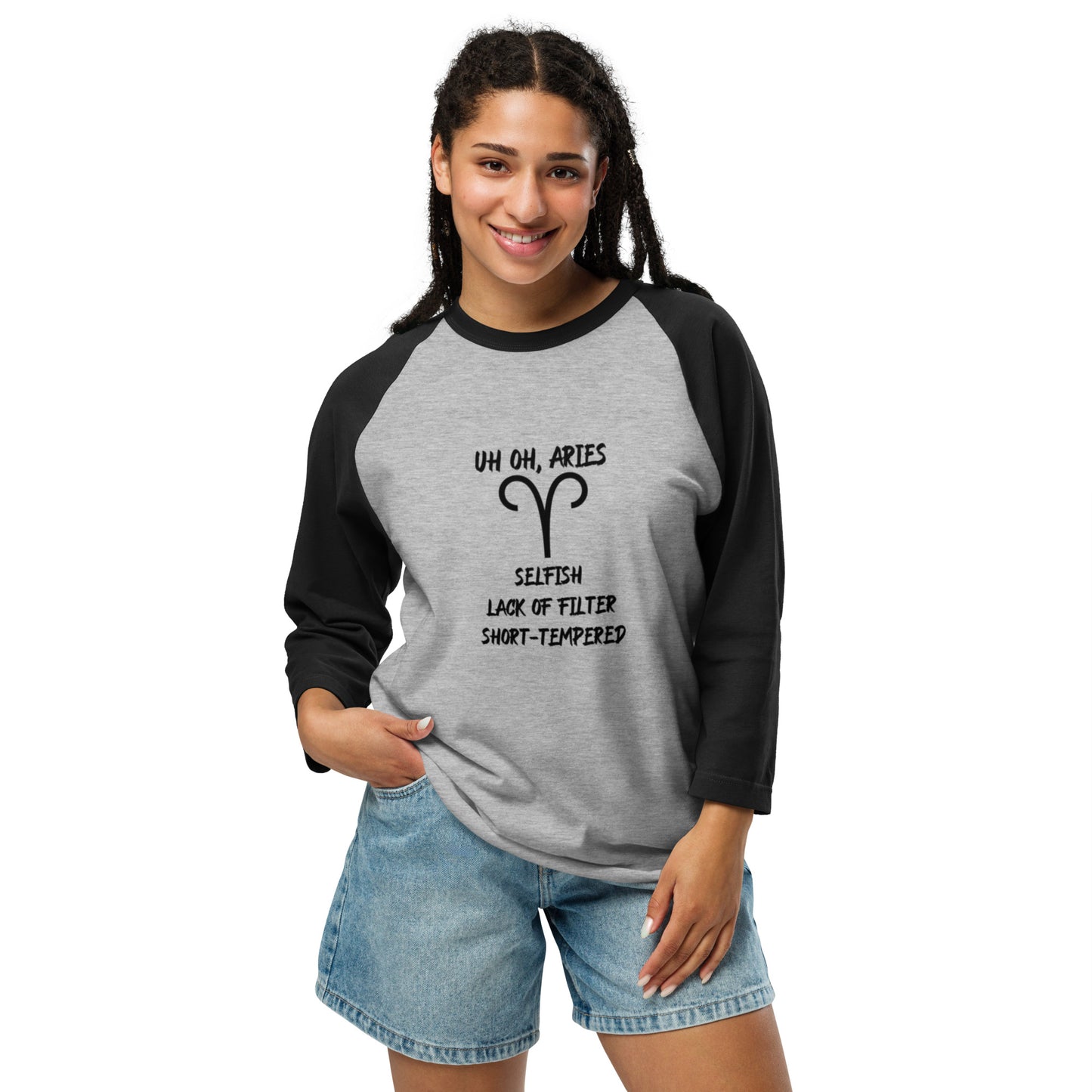 “Uh Oh, Aries” Unisex 3/4 Sleeve Raglan Shirt