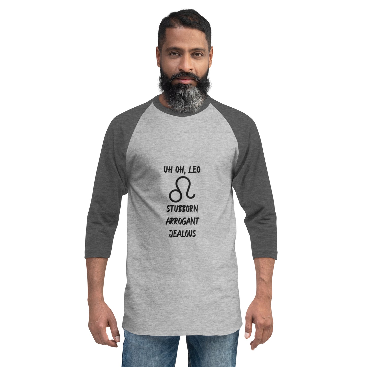 “Uh Oh, Leo” Unisex 3/4 Sleeve Raglan Shirt