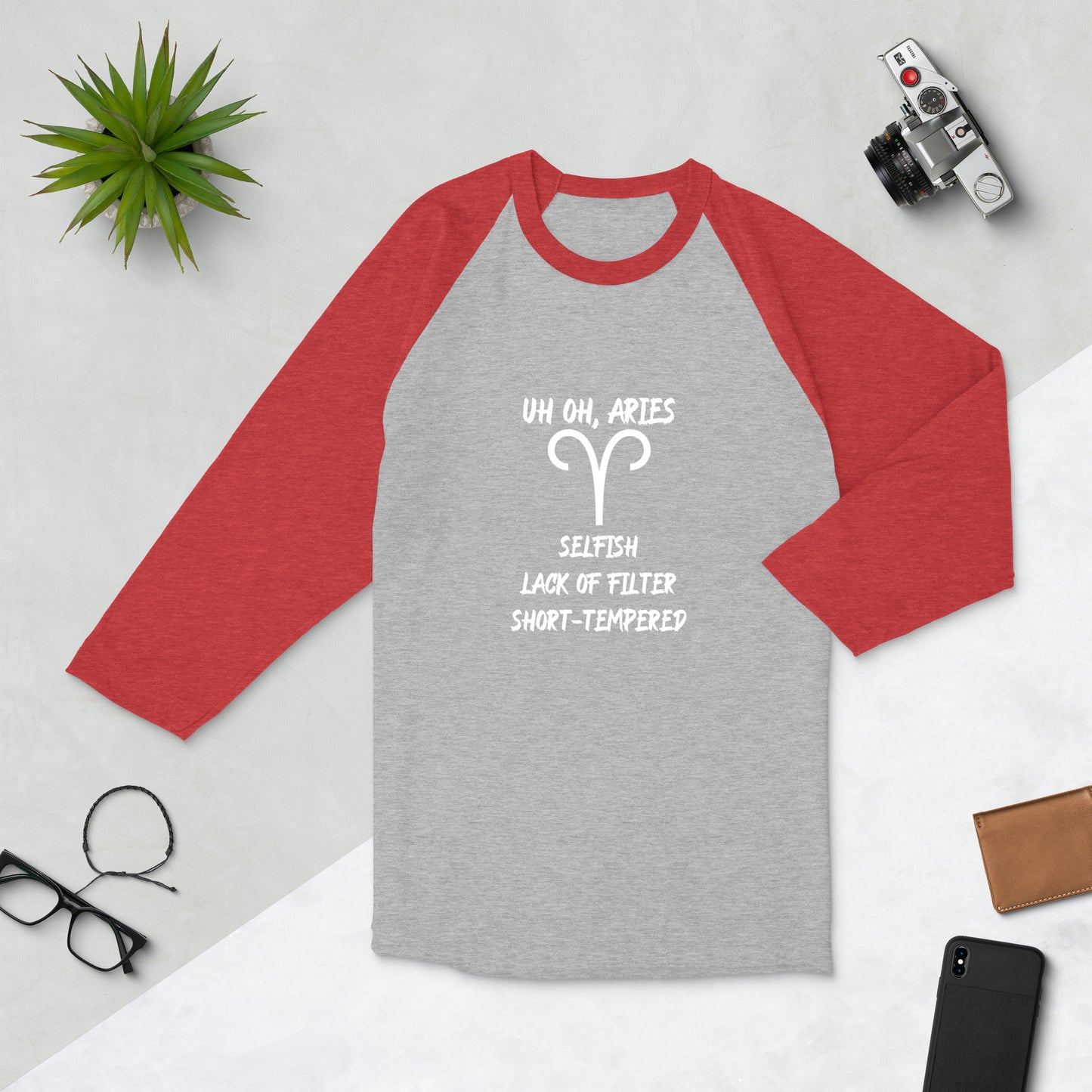 “Uh Oh, Aries” Unisex 3/4 Sleeve Raglan Shirt