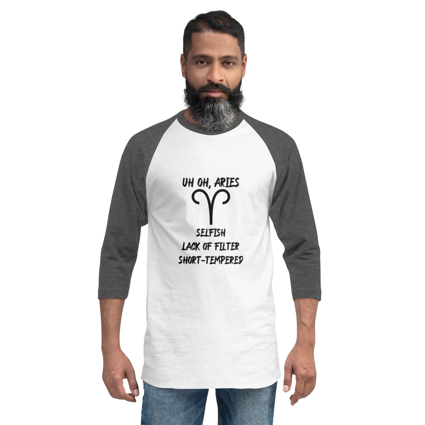 “Uh Oh, Aries” Unisex 3/4 Sleeve Raglan Shirt