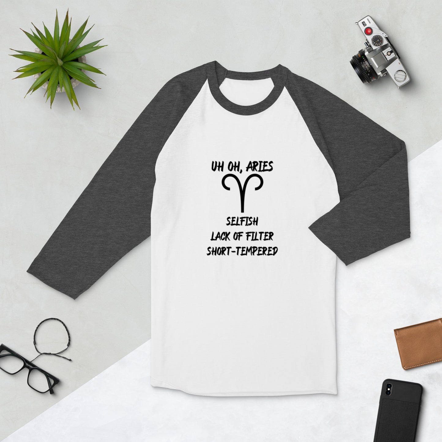 “Uh Oh, Aries” Unisex 3/4 Sleeve Raglan Shirt