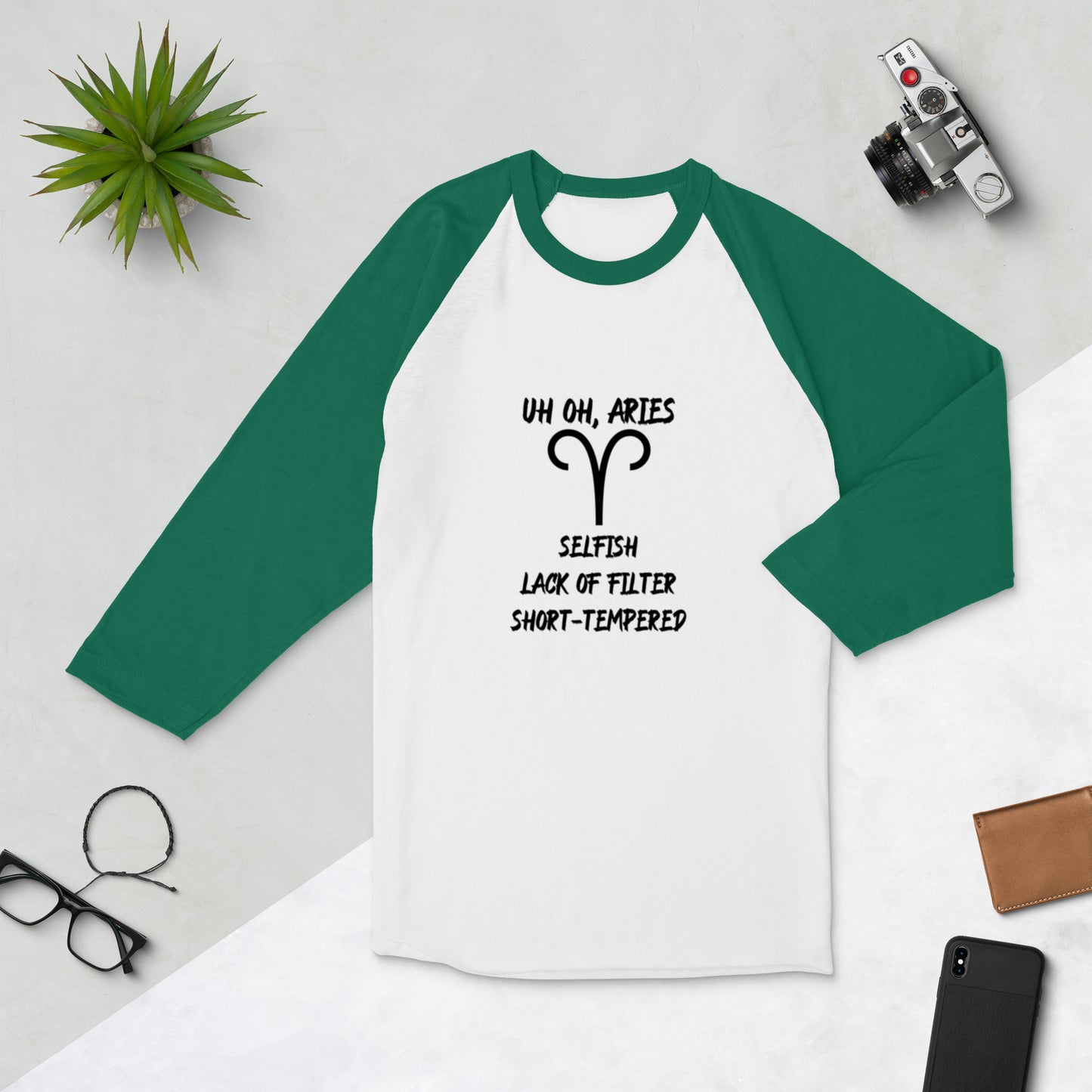 “Uh Oh, Aries” Unisex 3/4 Sleeve Raglan Shirt