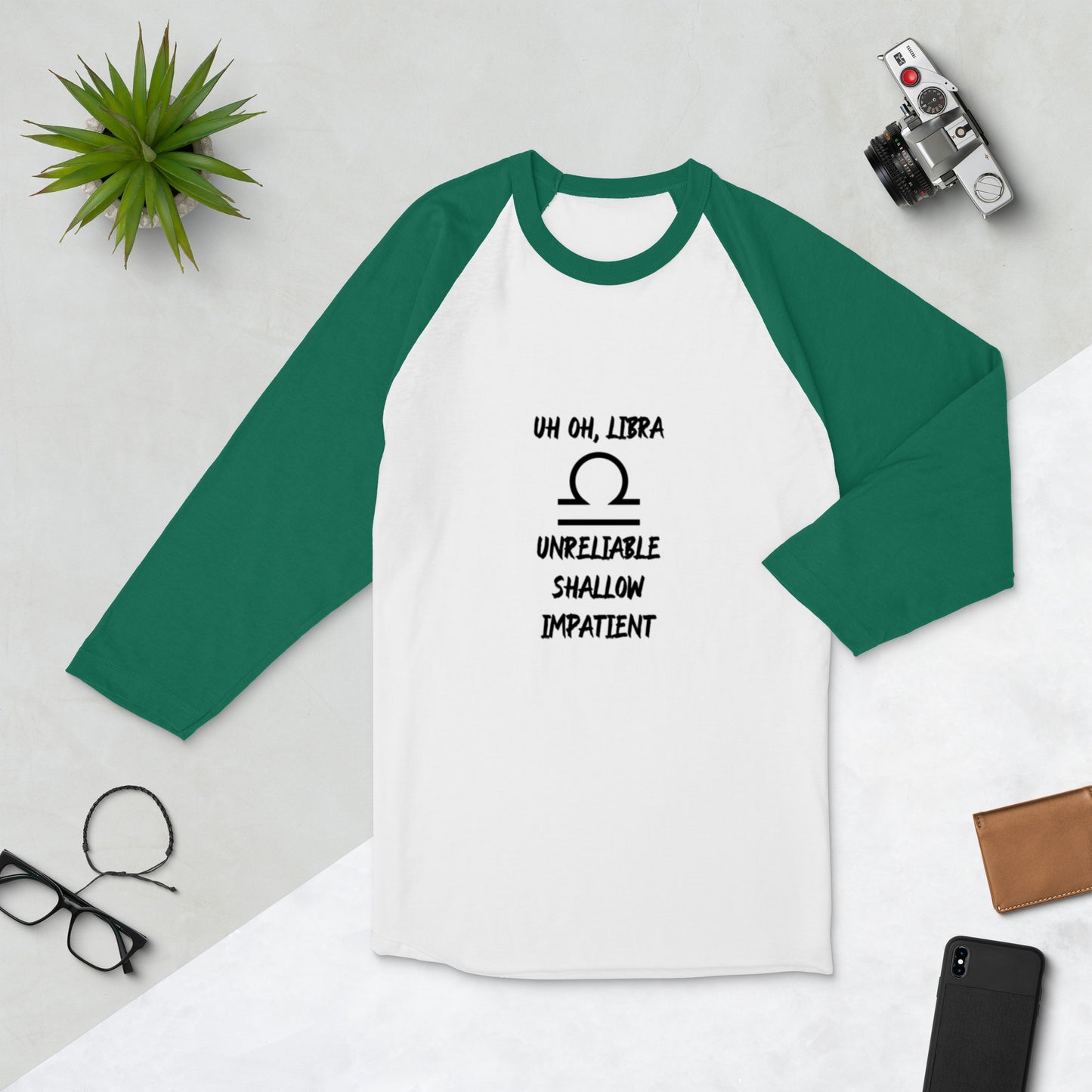 “Uh Oh, Libra” Unisex 3/4 Sleeve Raglan Shirt