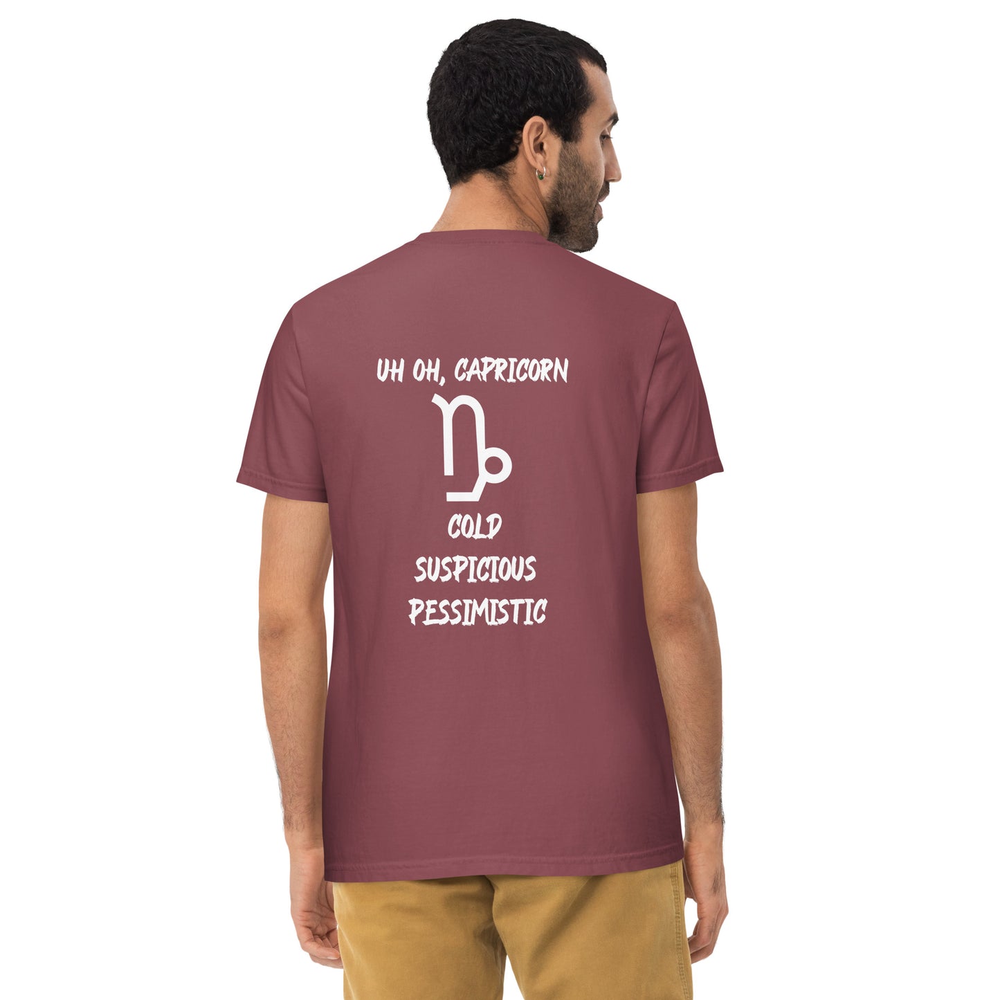 “Uh Oh, Capricorn” Unisex Garment-Dyed Pocket T-Shirt