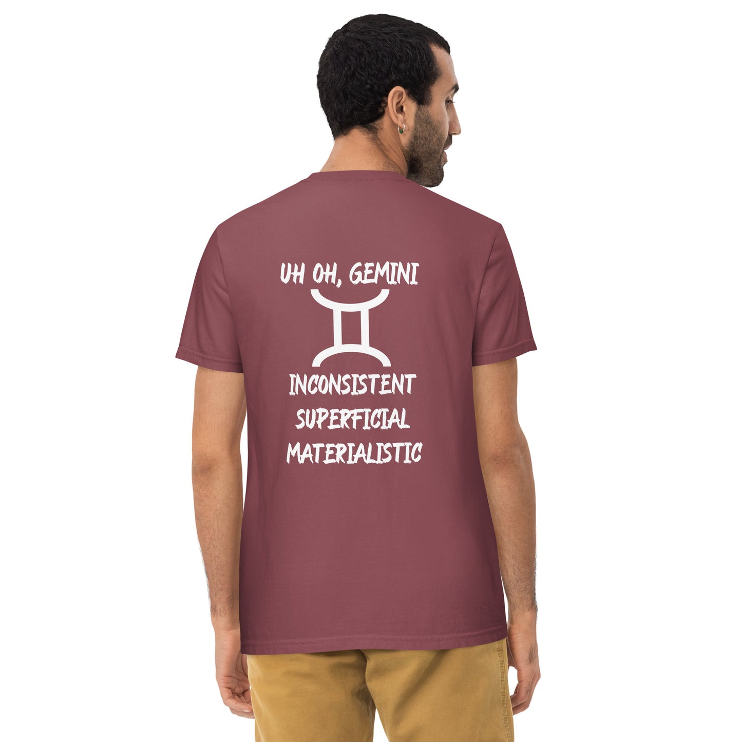 “Uh Oh, Gemini” Unisex Garment-Dyed Pocket T-Shirt