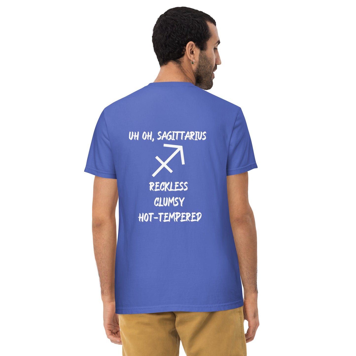 “Uh Oh, Sagittarius” Unisex Garment-Dyed Pocket T-Shirt