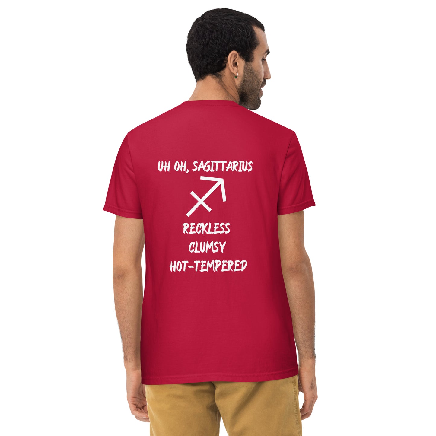 “Uh Oh, Sagittarius” Unisex Garment-Dyed Pocket T-Shirt