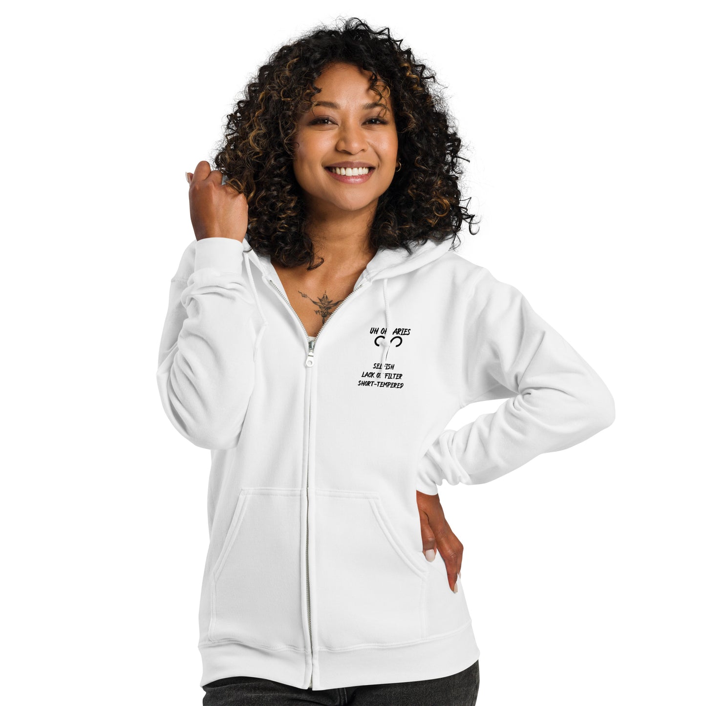“Uh Oh, Aries” Unisex Zip Hoodie