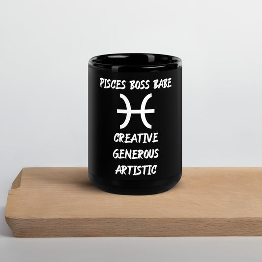 “Pisces Boss Babe” Black Glossy Mug